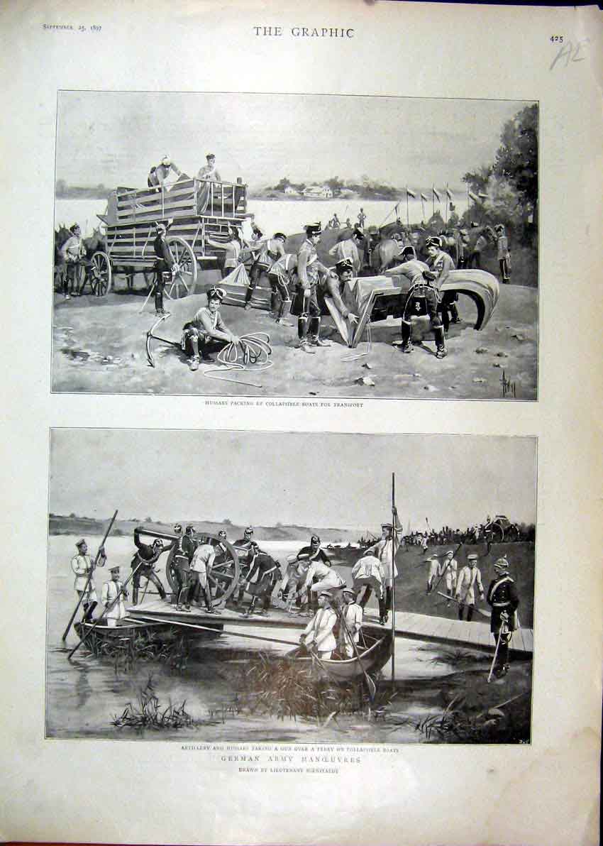 Old Antique Print 1897 Hussars Packing Boats Artillery Ferry German Army 19th