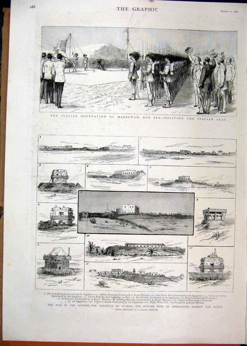 Original Old Antique Print 1885 Italia Occupation Massowah War Soudan Suakim