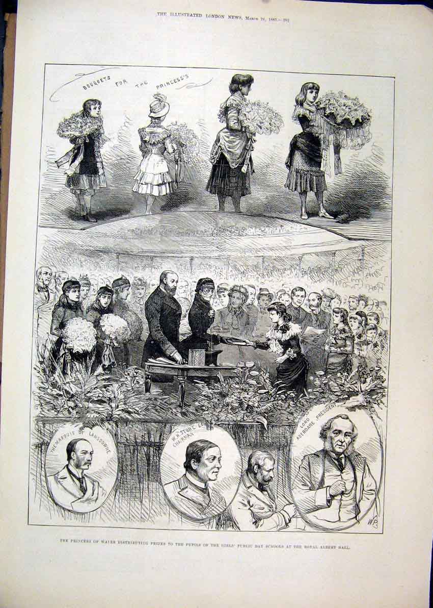 Original Old Antique Print 1883 Princess Wales Prizes Pupils School Royal Albert