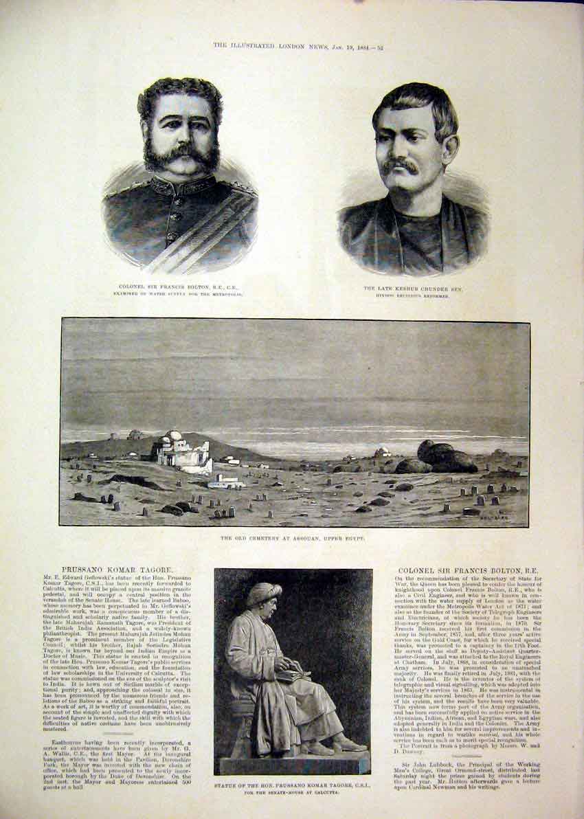Original Old Antique Print 1884 Statue Prussano Komar Cemetery Assouan Bolton
