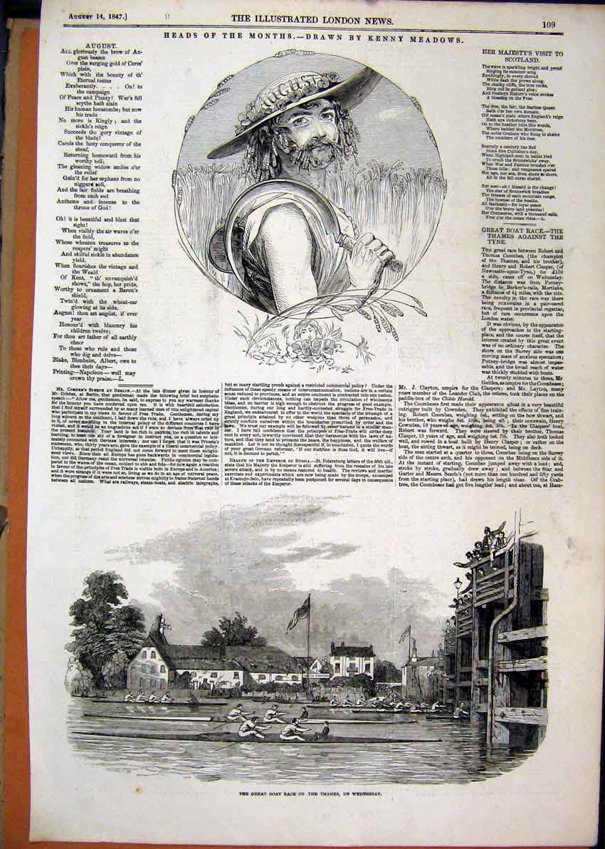Original Old Antique Print 1847 Great Boat Race Thames Men River Woman Corn Face