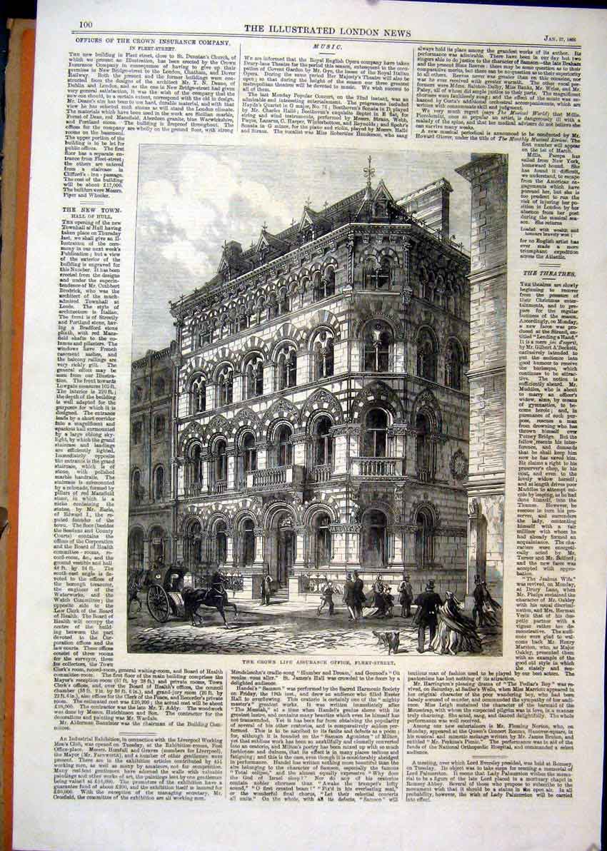 Old Antique Print 1866 Crown Life Assurance Office Fleet Street Building 19th