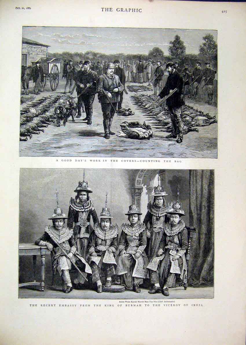 Original Old Antique Print 1882 Grouse Shooting Dead King Burmah Viceroy India