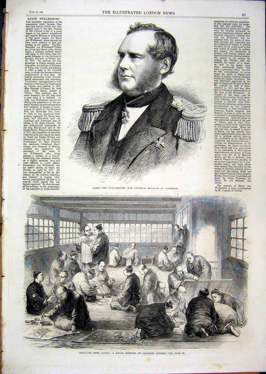 Original Old Antique Print 1866 Portrait Baron Von Wullerstorf Japan Artists