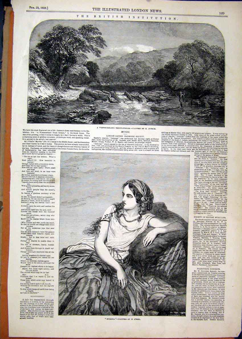 Original Old Antique Print 1850 Westmoreland Trout Stream Portrait Myrrha Lady