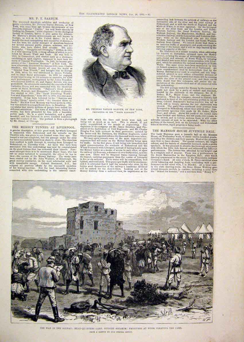 Original Old Antique Print 1881 Portrait Phineas Taylor War Soudan Camp Souakim