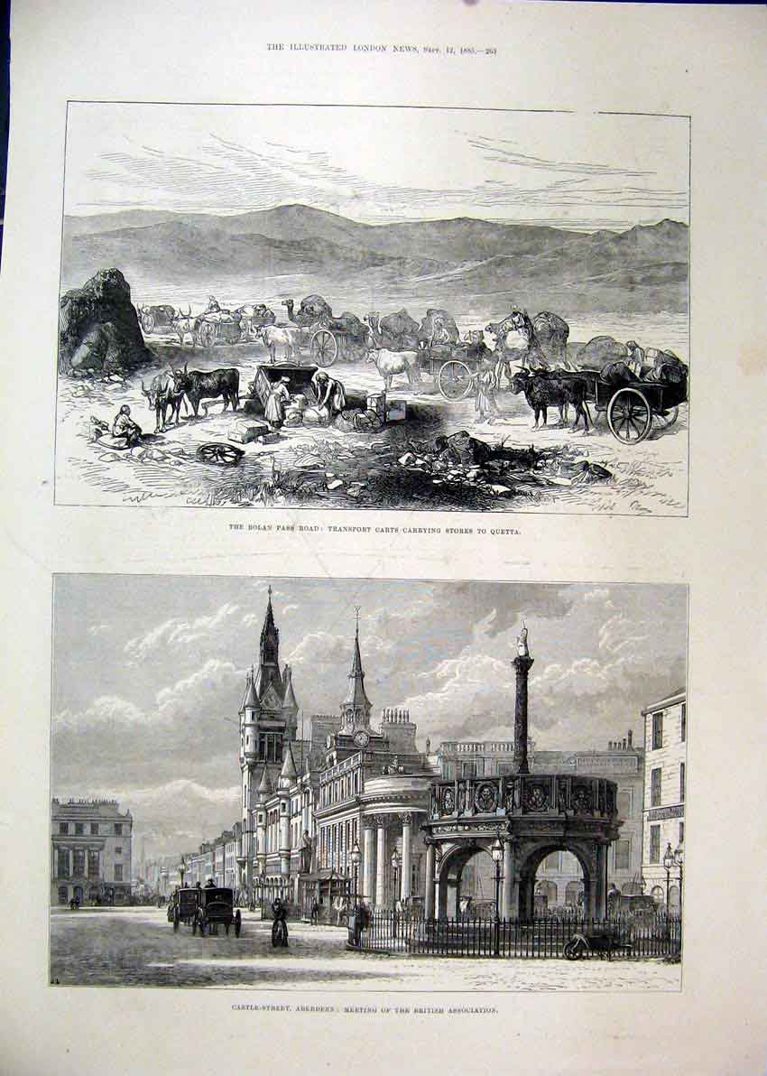Original Old Antique Print 1885 Bolan Road Pass Carts Quetta Aberdeen Castle