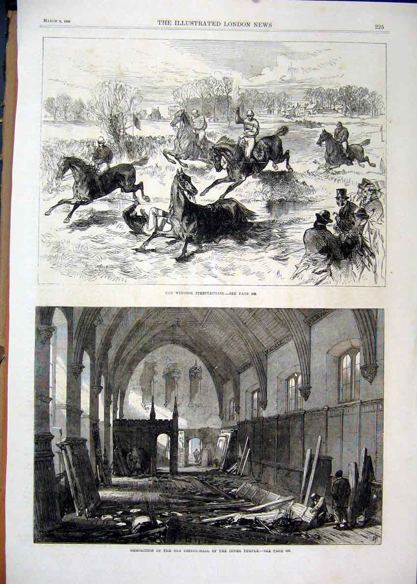 Original Old Antique Print 1869 Horse Racing Windsor Steeplechase Dining Hall