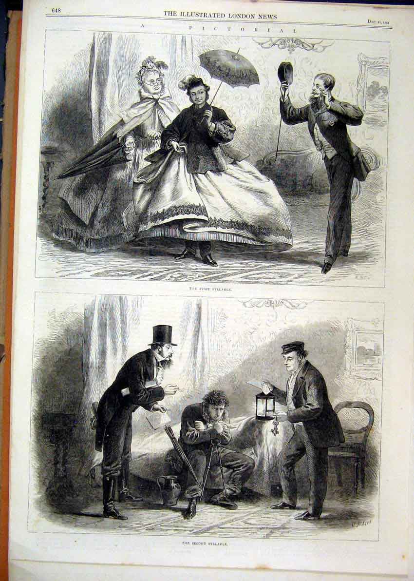 Original Old Antique Print 1864 Pictorial Scenes Man Woman Umbrella Lamp 19th