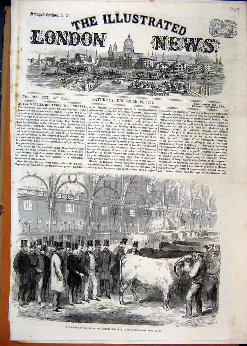 Original Old Antique Print 1863 Prince Wales Smithfield Club Cattle Show 19th