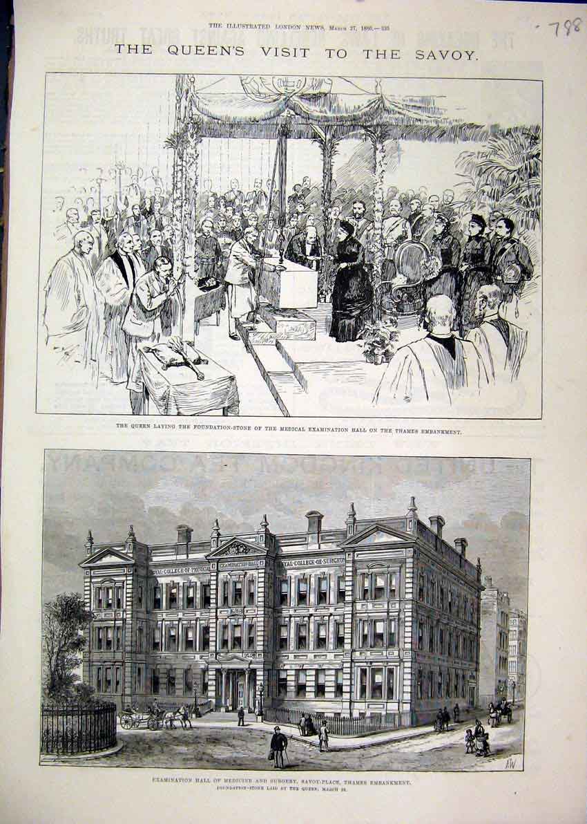Original Old Antique Print 1886 Queen Savoy Medical Hall Examination Surgery
