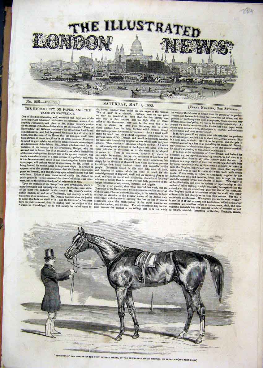 Original Old Antique Print Horse 1852 Stockwell Winner Guineas Stakes Newmarket