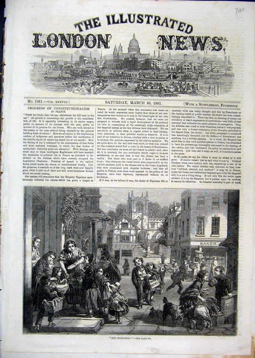 Original Old Antique Print Street Scene 1861 Seller Hot Cross Buns Baker 19th