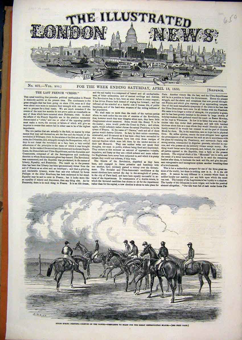 Original Old Antique Print Epsom Spring Meeting 1850 Horse Metropolitan Stakes
