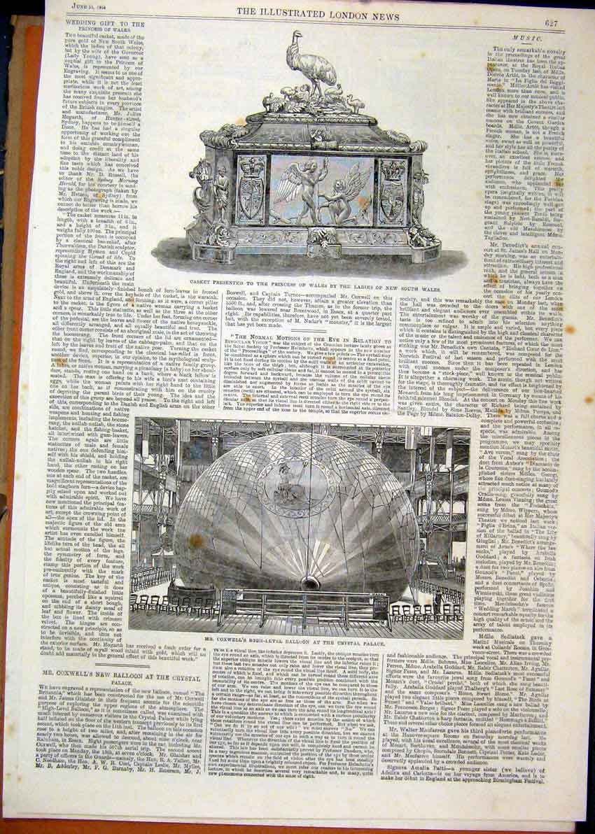 Original Old Antique Print 1864 Coxwell High Level Balloon Crystal Palace Casket
