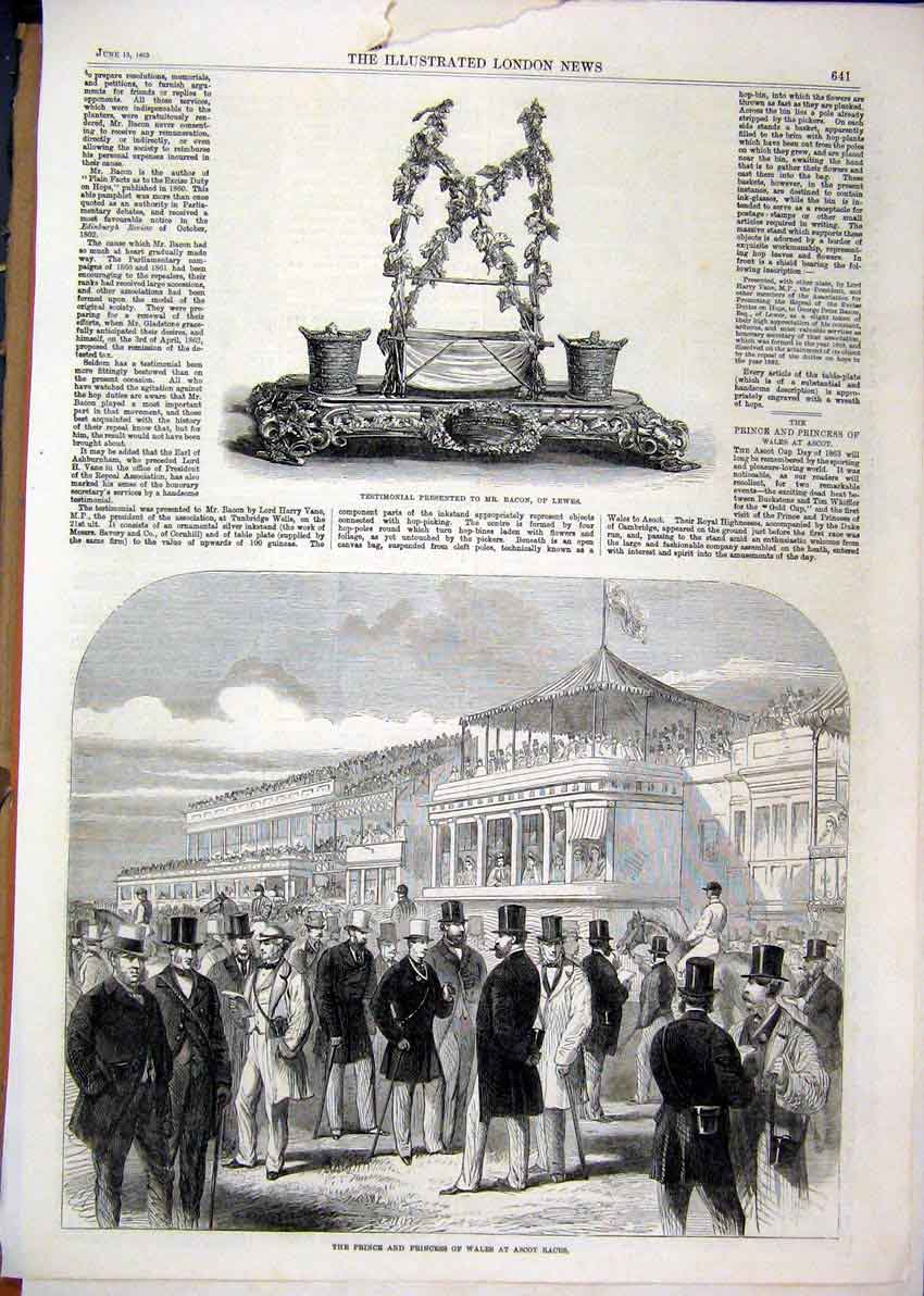 Original Old Antique Print 1863 Prince Princess Wales Ascot Horse Races Bacon