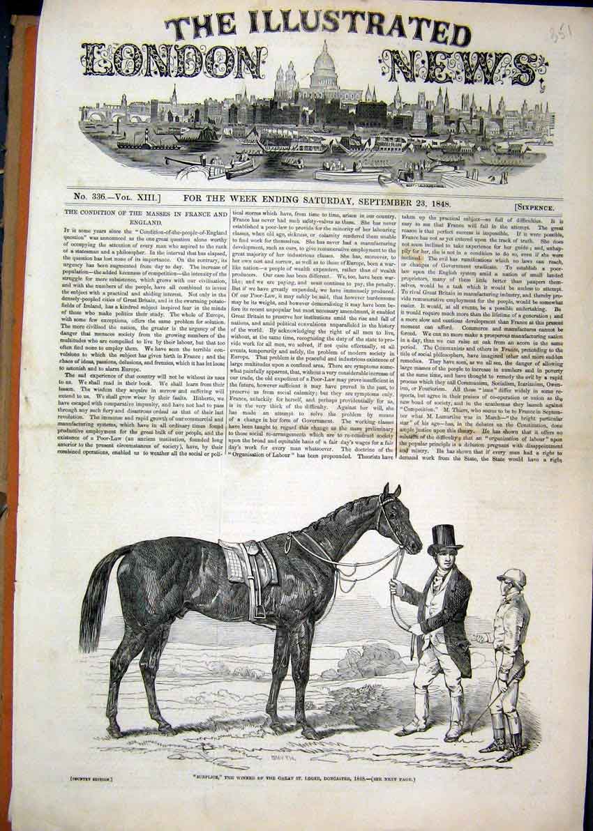 Original Old Antique Print 1848 Horse Surplice Winner St Leger Doncaster Jockey