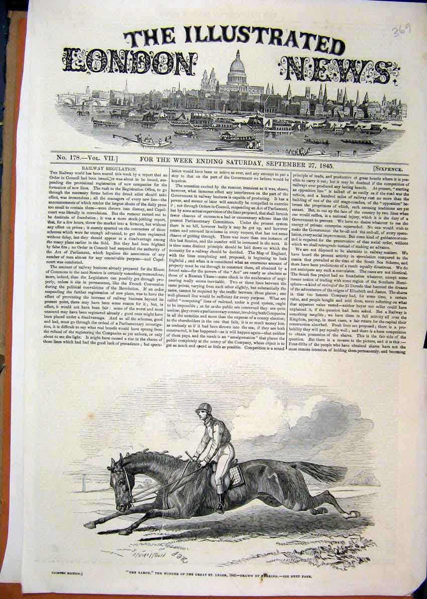 Original Old Antique Print 1845 Horse Baron Winner St Leger Jockey Victorian