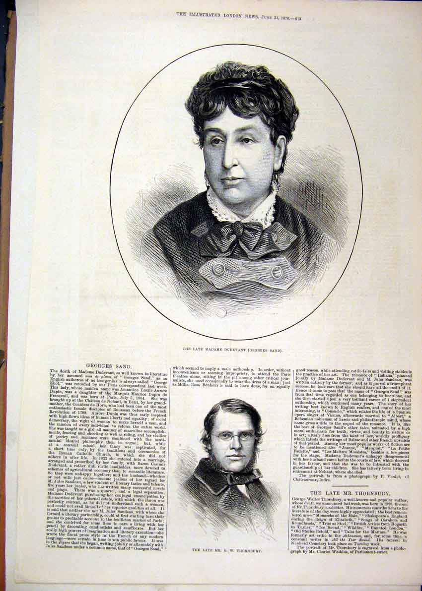 Original Old Antique Print Portrait Madame Dudevant 1876 Late Mr Thornbury 19th