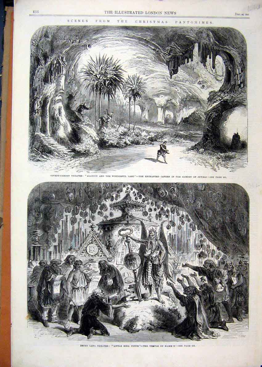 Original Old Antique Print 1865 Covent Garden Theatre Aladdin Drury Lane Pippin