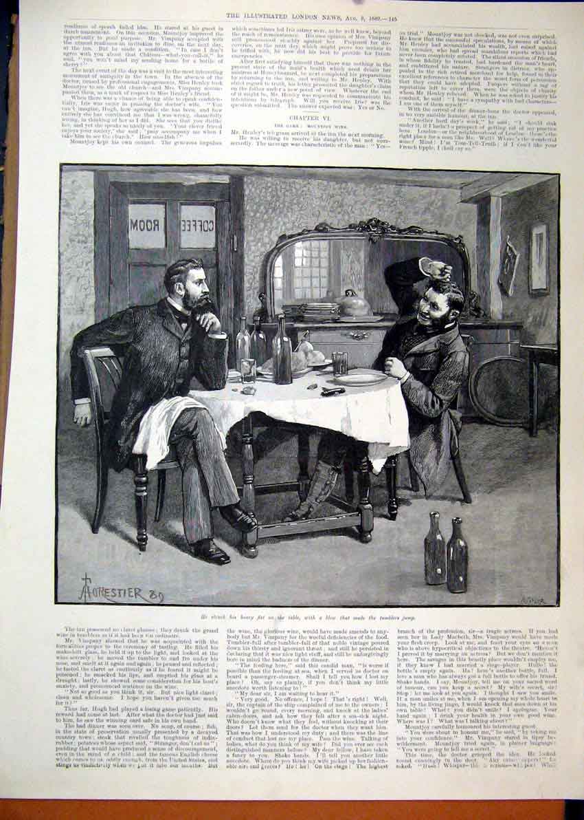 Original Old Antique Print 1889 Men Sitting Table Coffe Room Bottle Art 19th