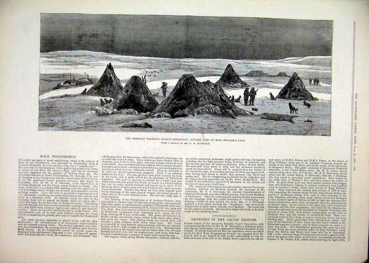 Original Old Antique Print 1881 American Franklin Expedition Camp William Land