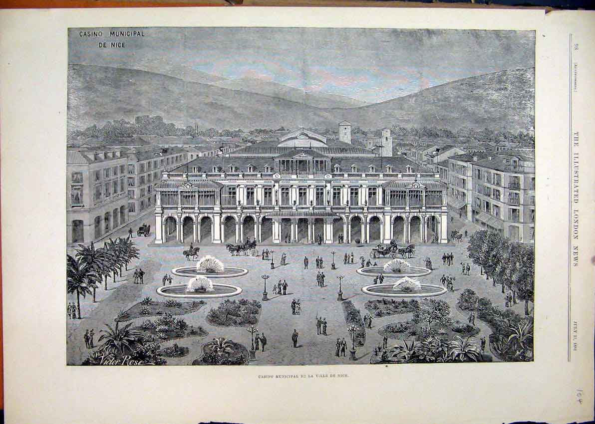 Old Antique Print 1882 Casino Municipal De Ville De Nice Building Garden 19th