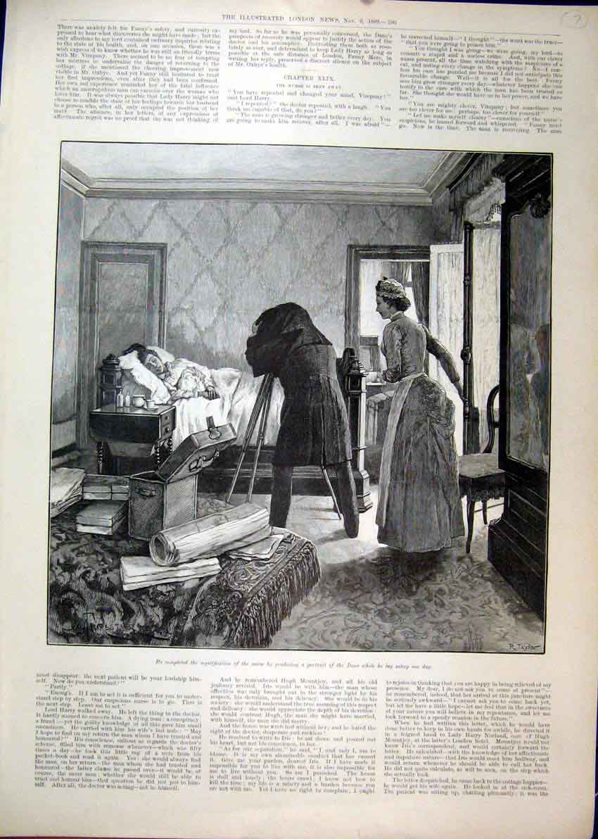 Original Old Antique Print 1889 Scene Bedroom Woman Sleeping Man Photograph 19th