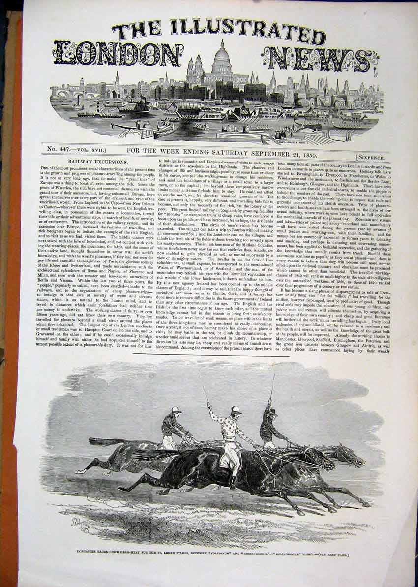 Original Old Antique Print 1850 Doncaster Races St Leger Stakes Horse Voltigeur