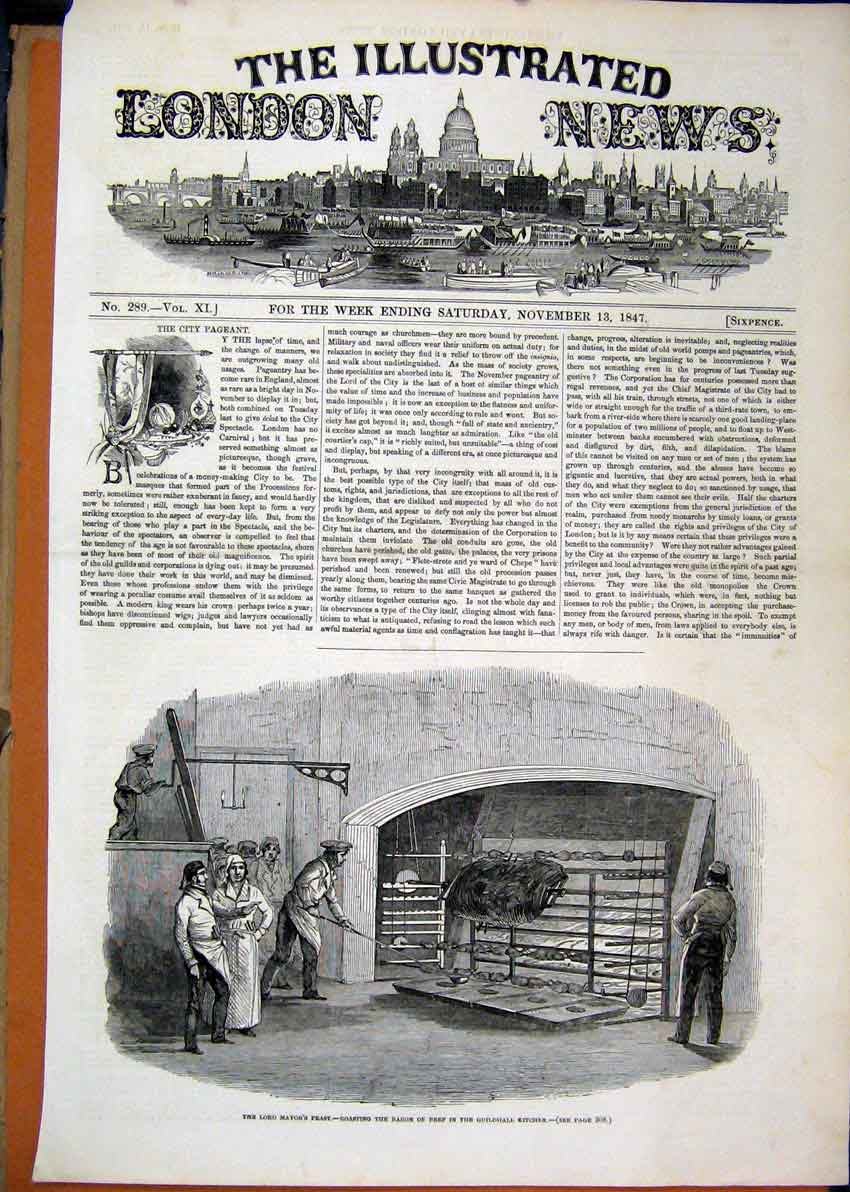 Original Old Antique Print 1847 Lord Mayor Feast Roasting Baron Beef Kitchen
