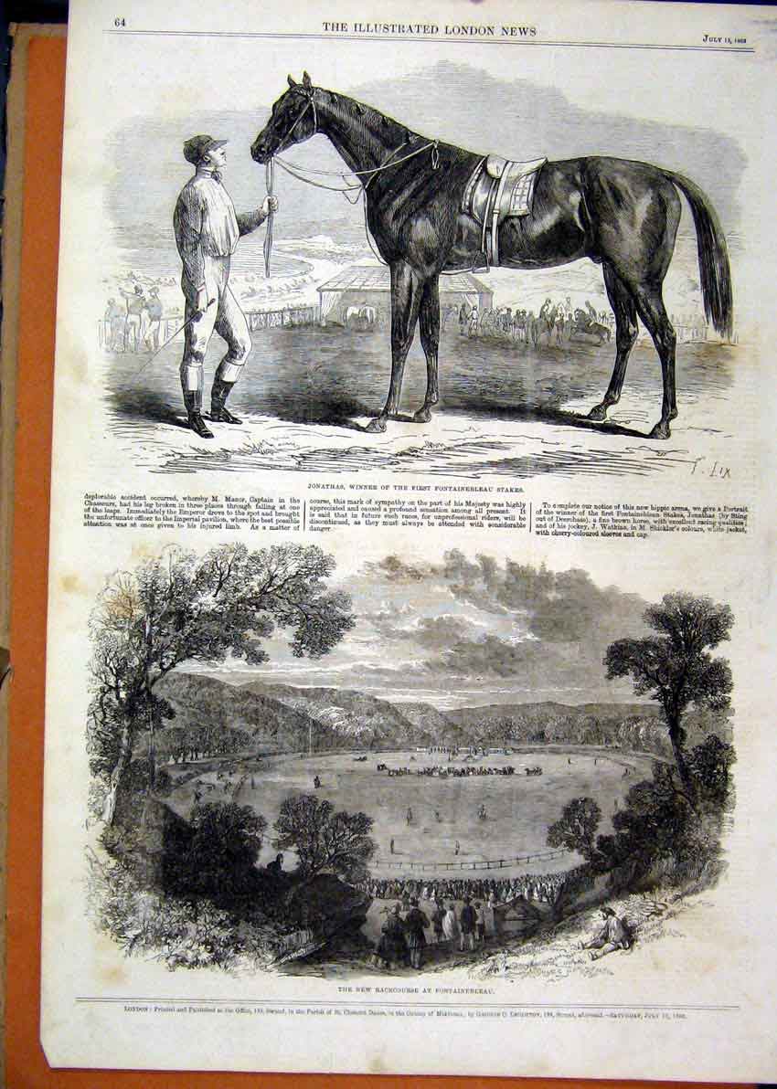 Original Old Antique Print Jonathas Horse Fontainbleau Stakes 1862 Racecourse