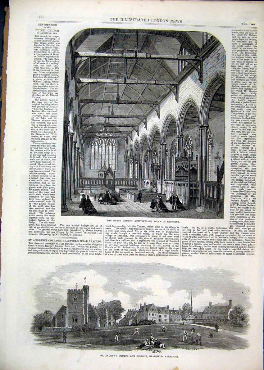 Original Old Antique Print 1865 Dutch Church Austinfriars Andrews Church College