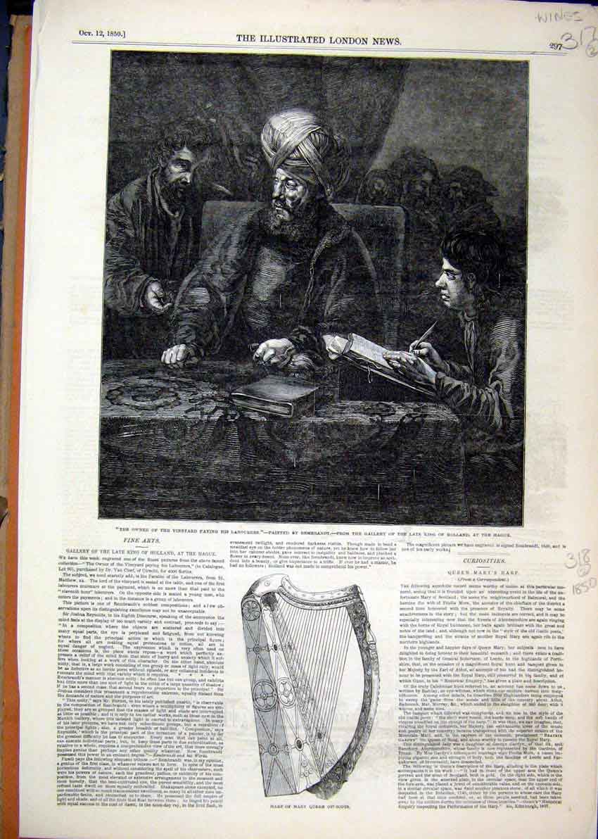 Original Old Antique Print 1850 Vineyard Wine Paying Labourers Harp Mary Scots