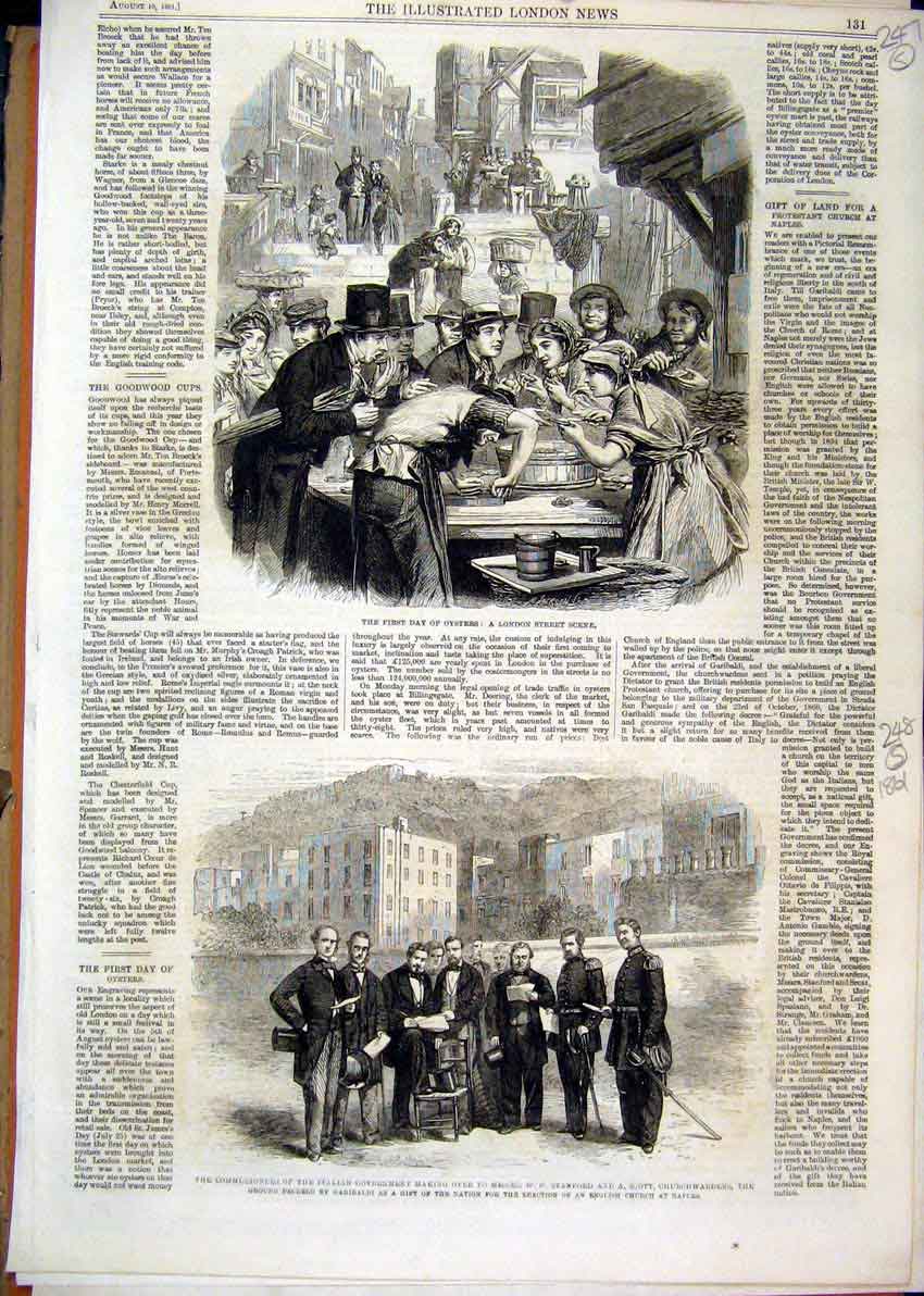 Old Antique Print 1861 London Street Scene Oysters Italian Government Men 19th