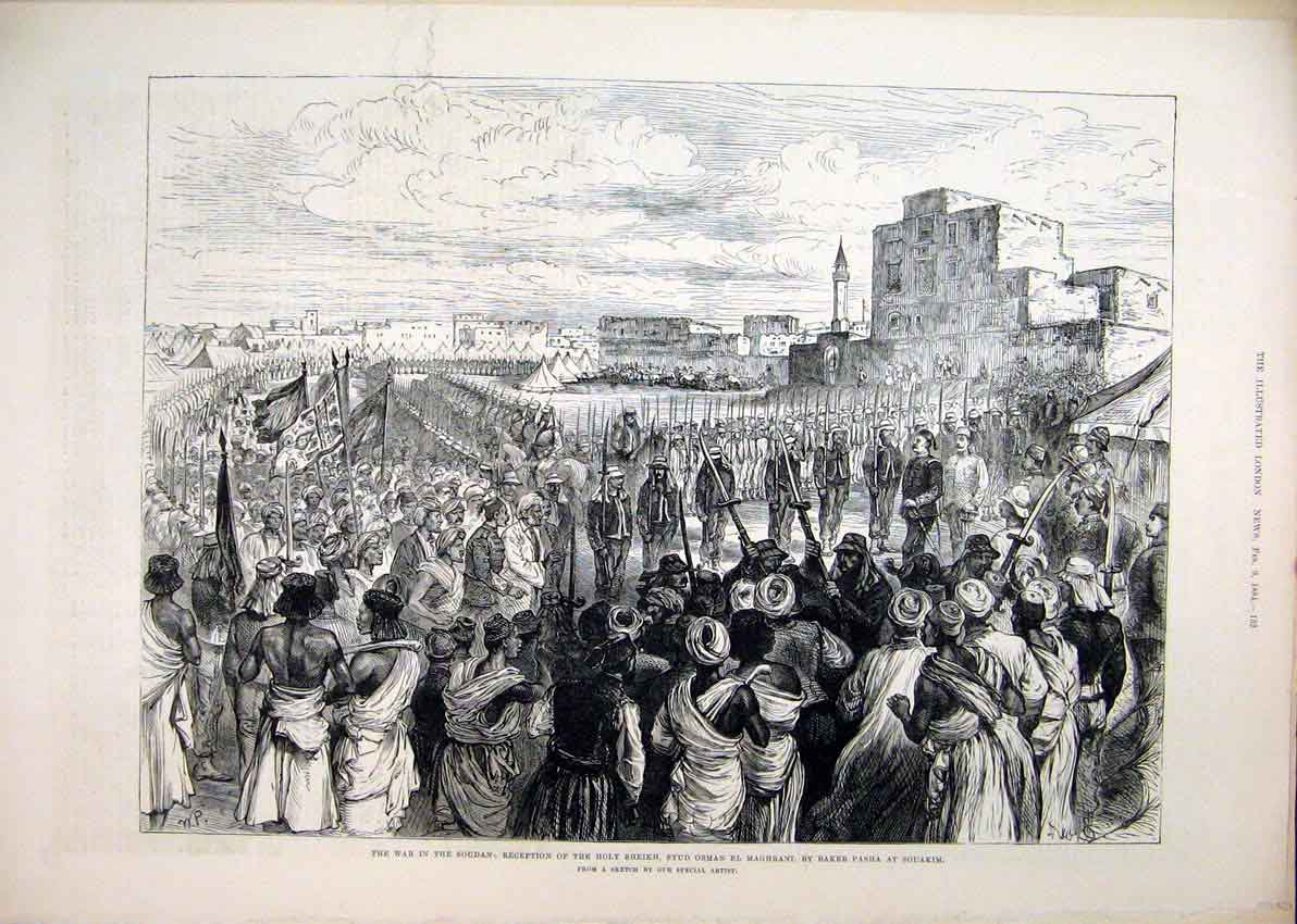 Original Old Antique Print 1884 War Soudan Holy Sheikh Osman Paker Pasha Souakim