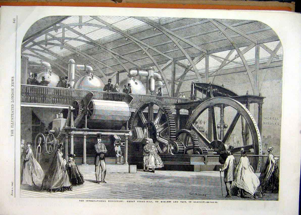 Old Antique Print 1862 International Exhibition Great Sugar-Mill Glasgow 19th