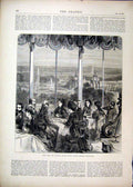 Original Old Antique Print 1870 Crystal Palace Grand Saloon Dining Room Summer