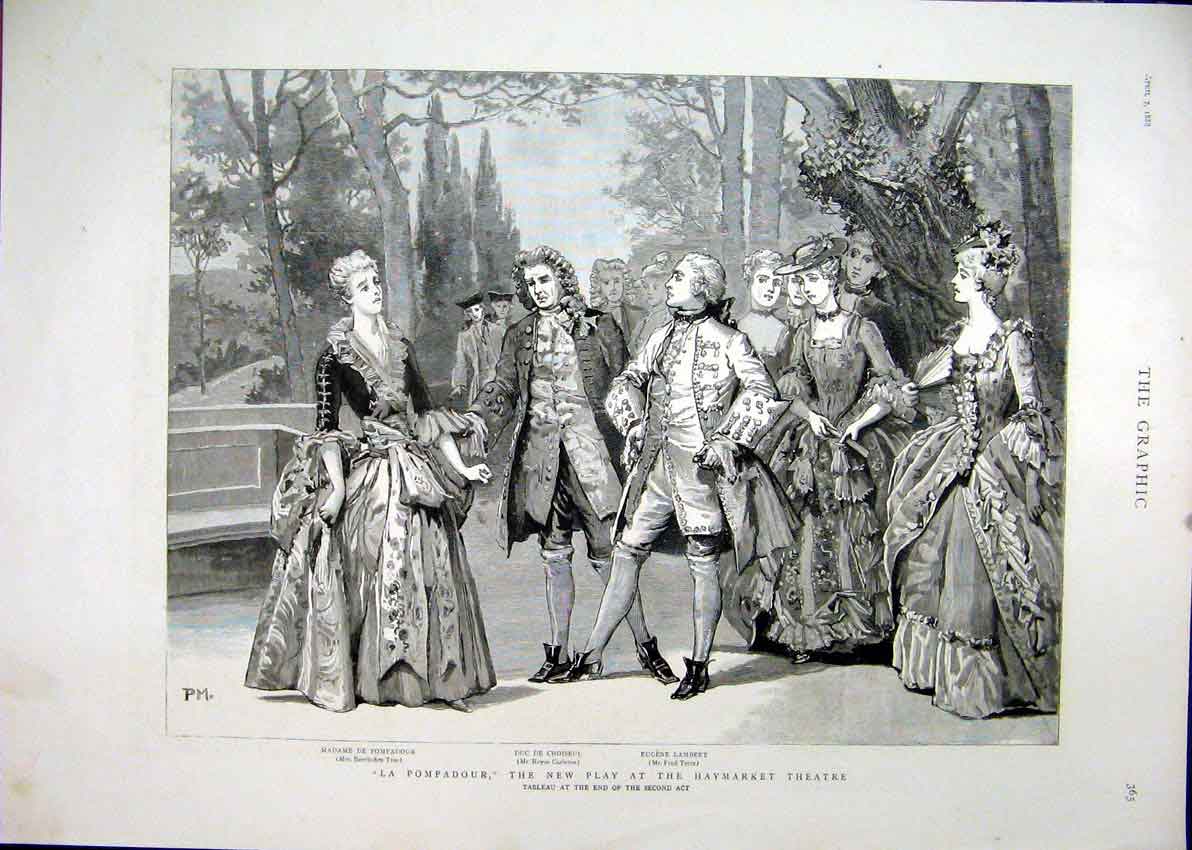 Original Old Antique Print 1888 Scene La Pompadour Haymarket Theatre Tableau