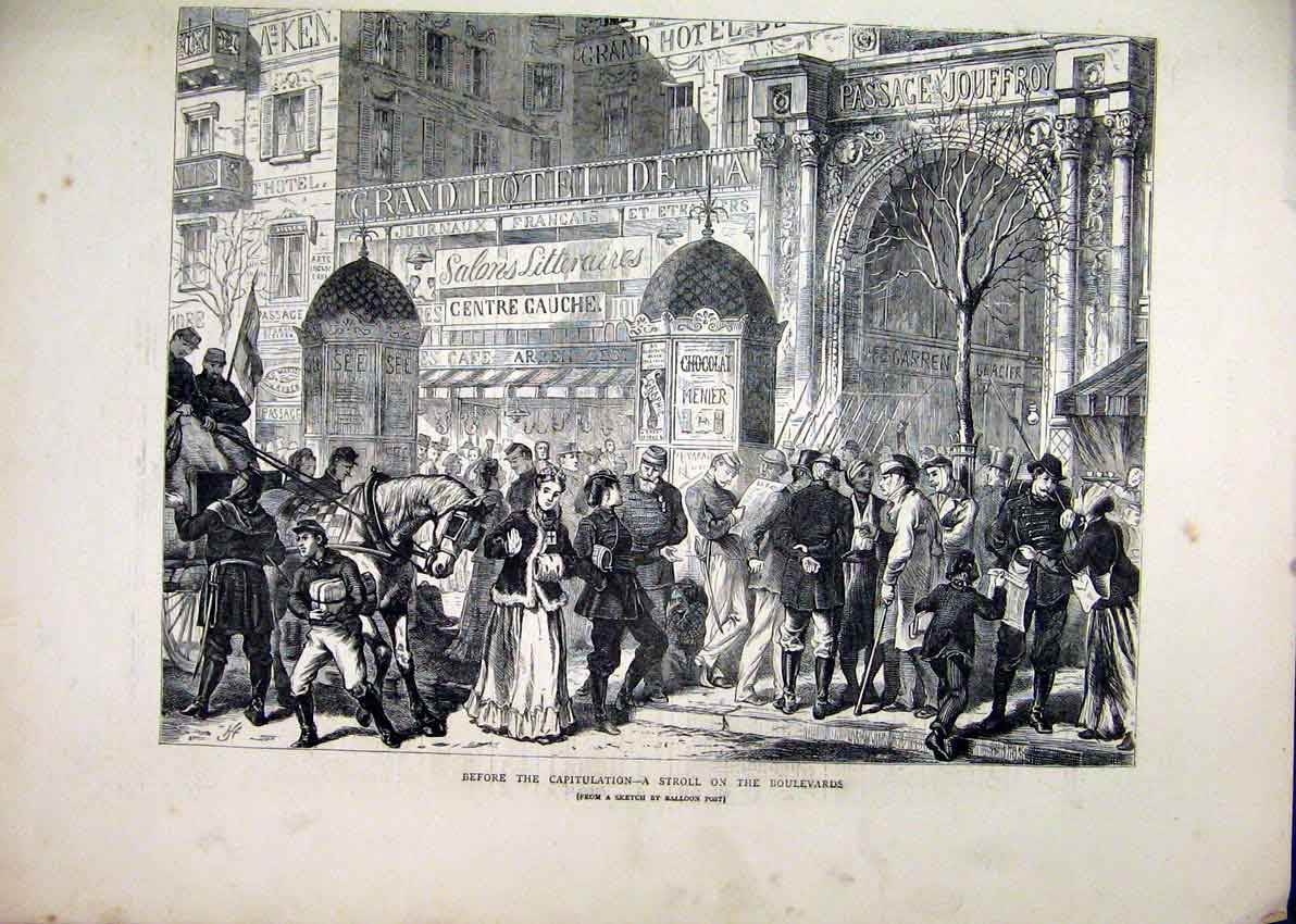 Old Antique Print Capitulation 1871 Stroll Boulevards Horse Street Scene 19th