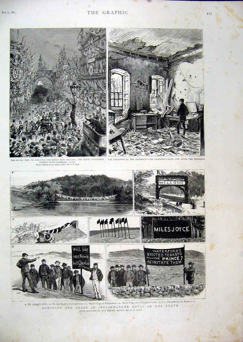 Original Old Antique Print Ireland Royal Visit Procession 1885 Ardagh Mill Flags