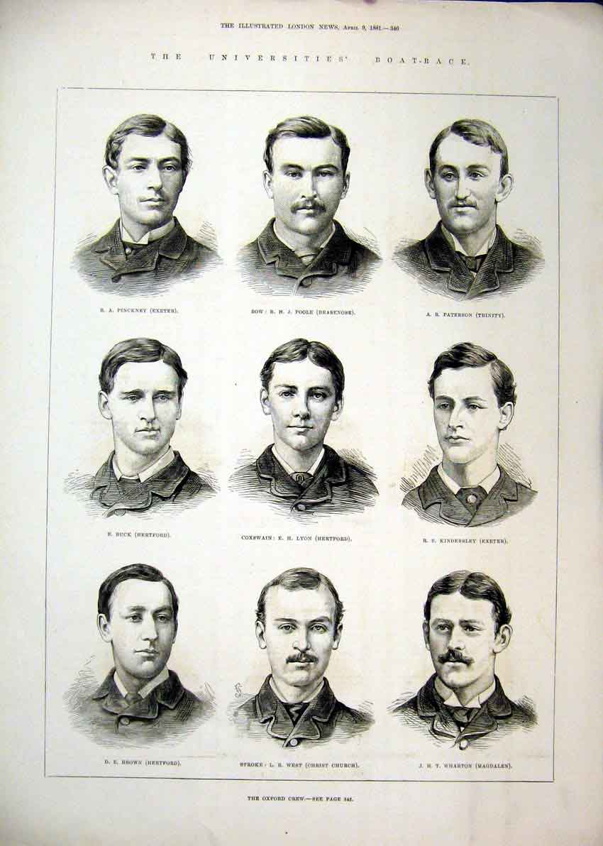 Original Old Antique Print Portraits Oxford Crew 1881 University Boat Race 19th