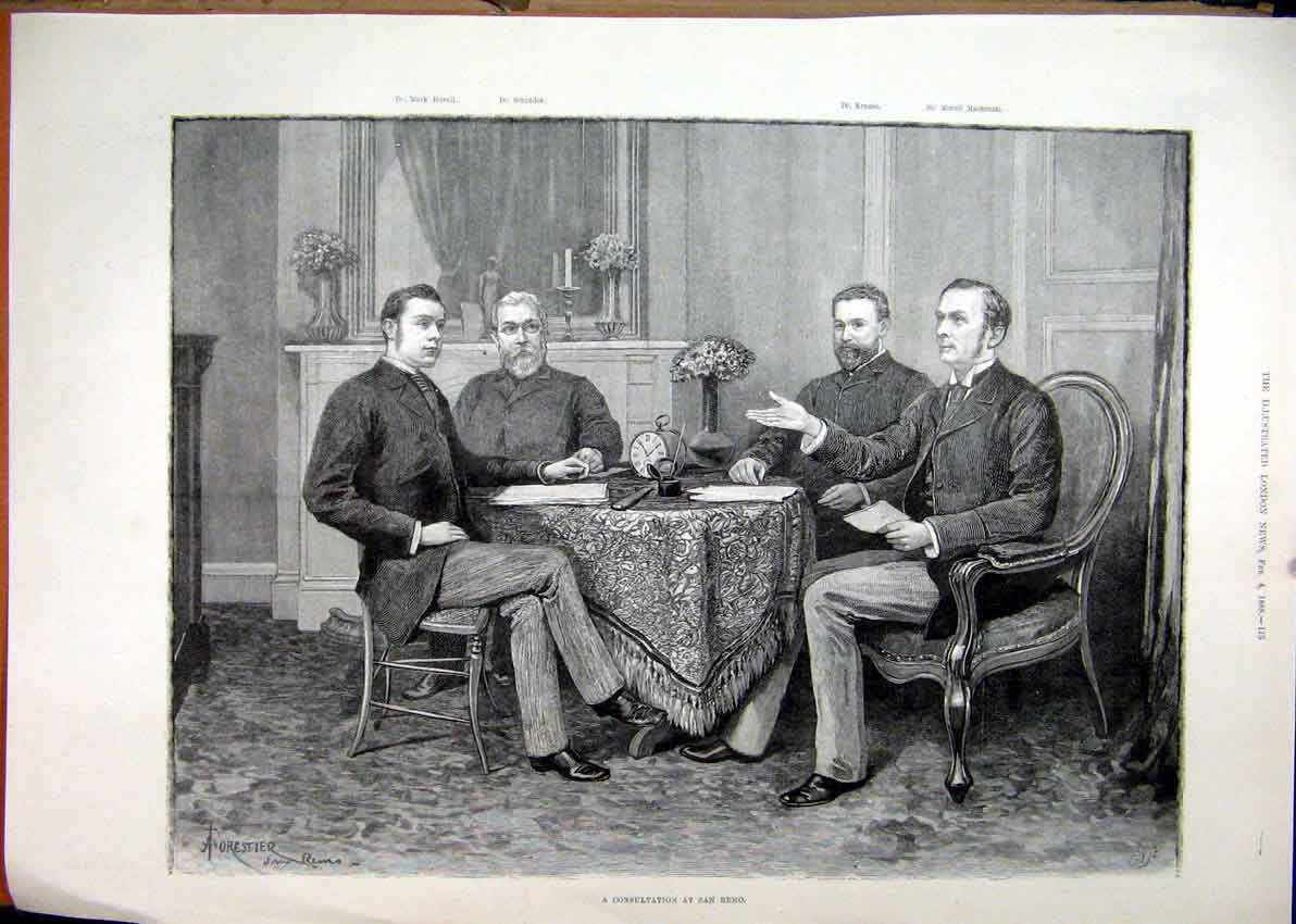 Original Old Antique Print 1888 Men Sitting Table San Remo Discussion Victorian
