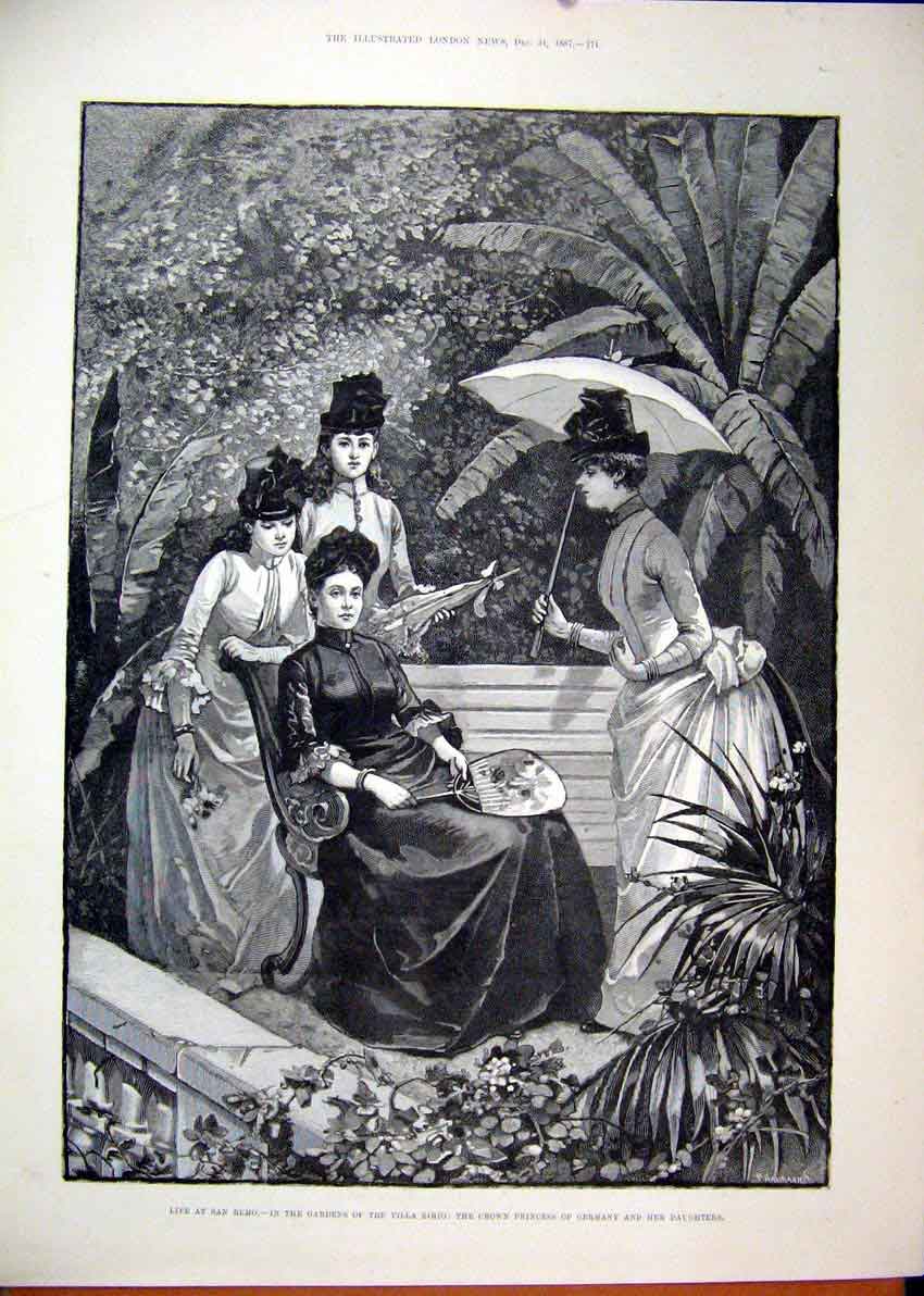 Original Old Antique Print 1887 San Remo Gardens Villa Zirio Princess Germany