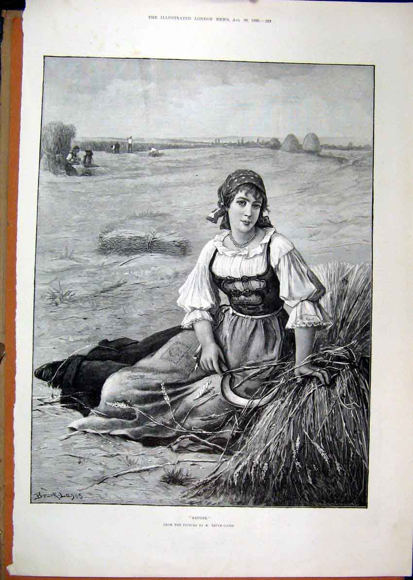 Original Old Antique Print 1890 Beautiful Woman Sitting Hay Stack Country Scene
