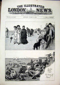 Original Old Antique Print 1883 Sea-Side Sketches Family Beach Play Dog Ship