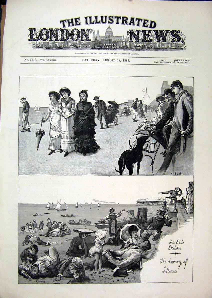 Original Old Antique Print 1883 Sea-Side Sketches Family Beach Play Dog Ship