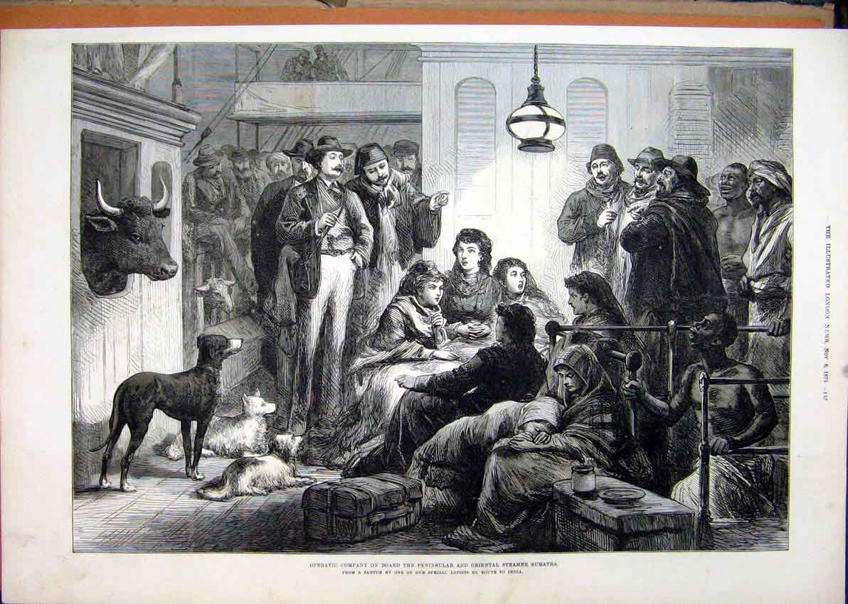 Old Antique Print 1875 Operatic Company Peninsular Oriental Steamer Ship 19th