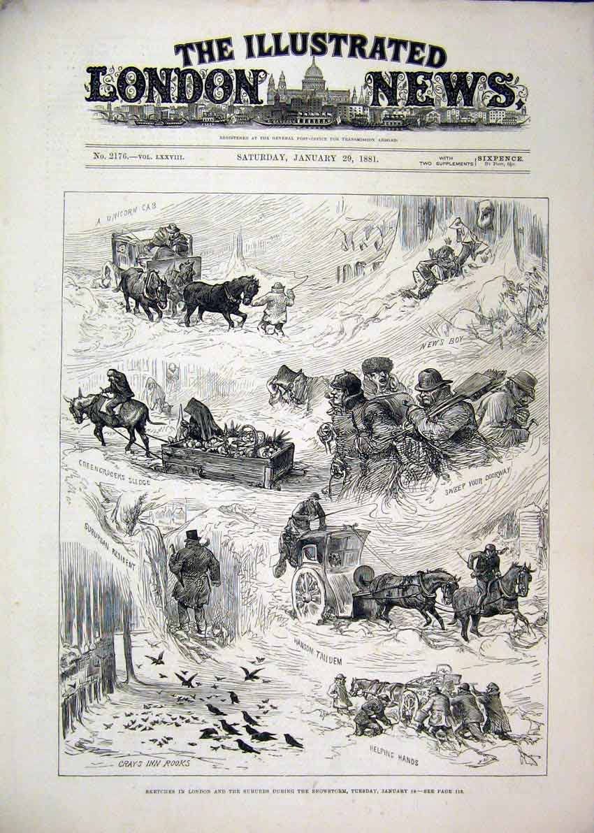 Original Old Antique Print 1881 London Suburbs Snowstorm Rooks Horse Sledge 19th