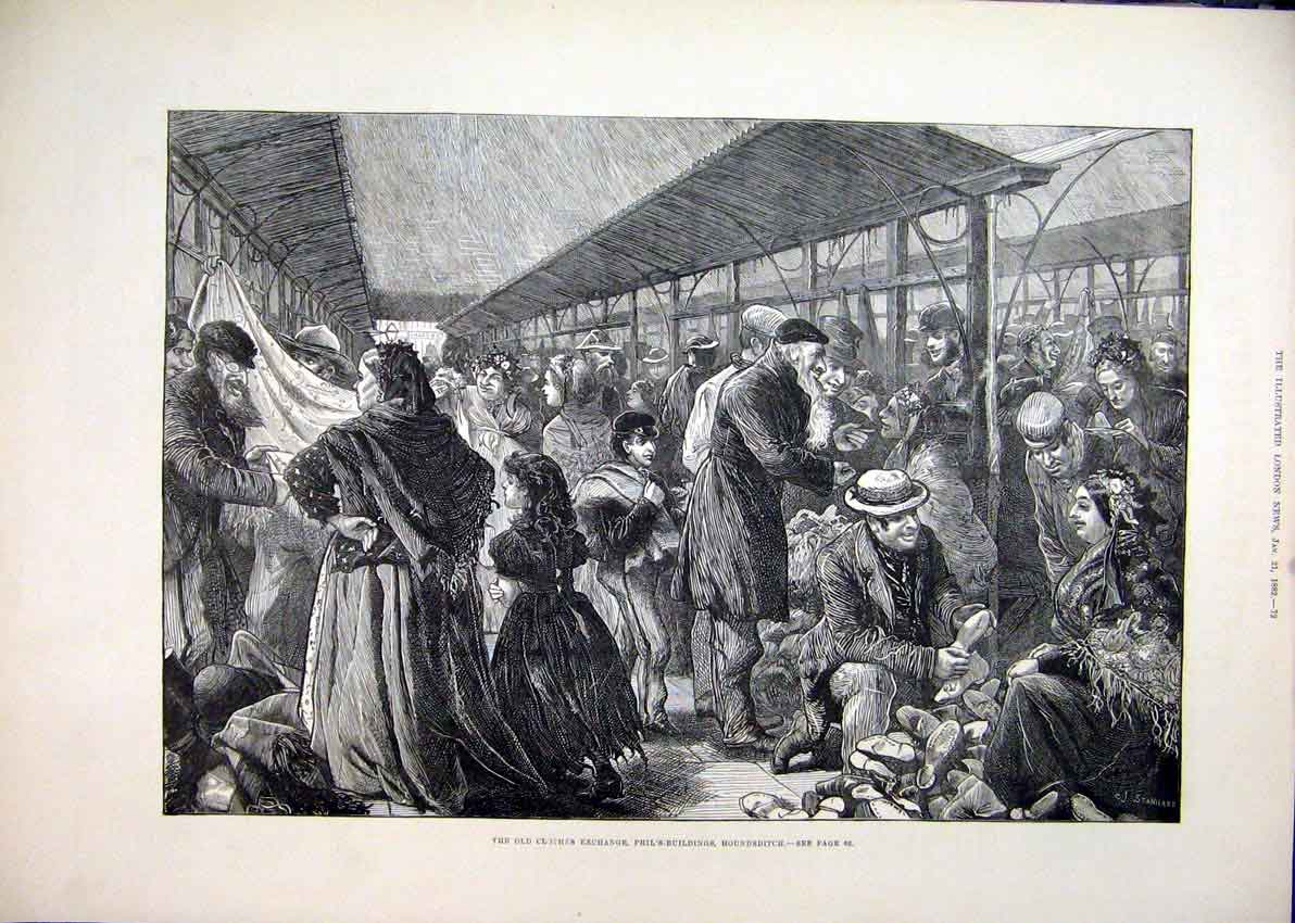 Original Old Antique Print Clothes Exchange 1882 Phils-Buildings Houndsditch