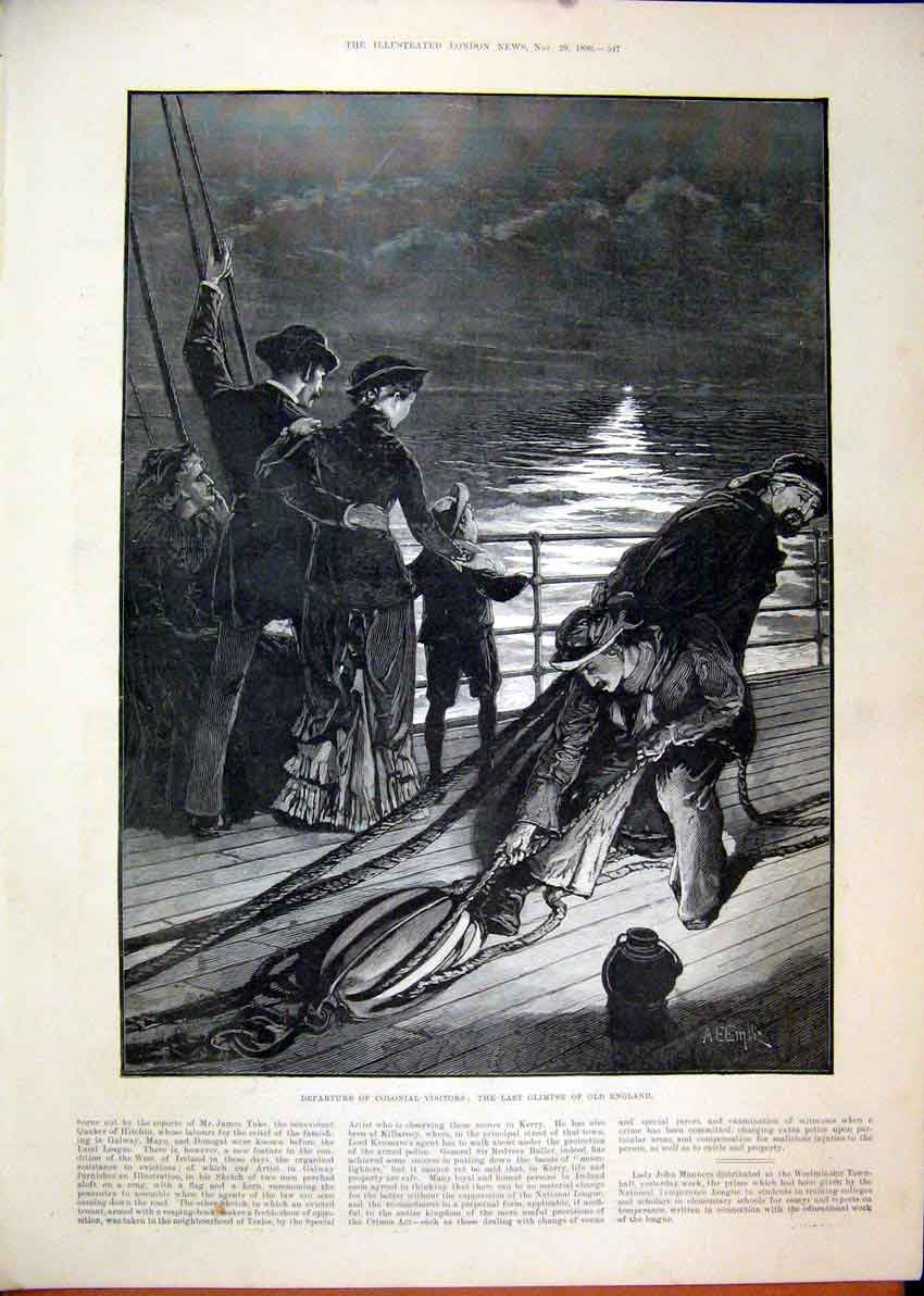 Old Antique Print 1886 Departure Ship Colonial Visitor Sea Scene Fine Art 19th